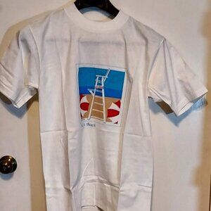 Oneita Womans White T Shirt Sz L Logo Beach Ware New with out tags